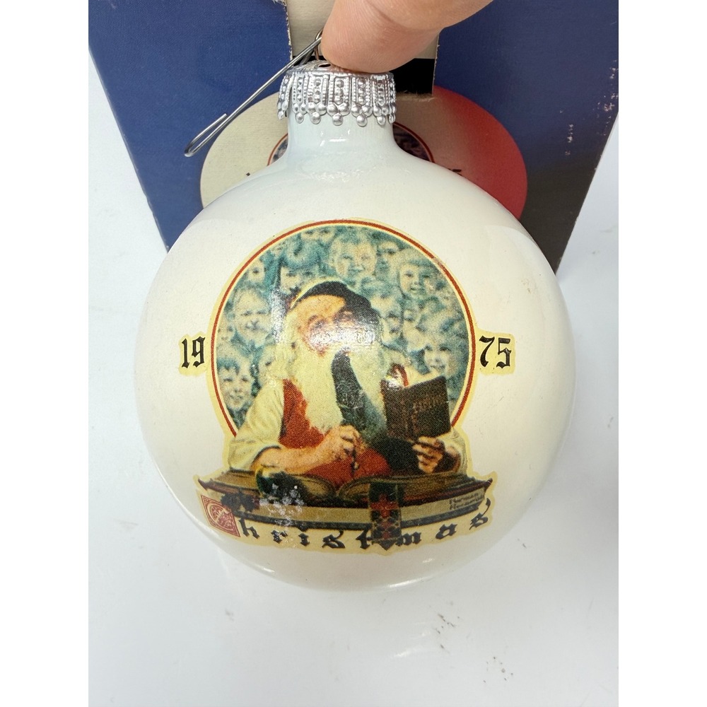 Norman Rockwell Christmas Ornament White Red Blue 1975 Santa Glass